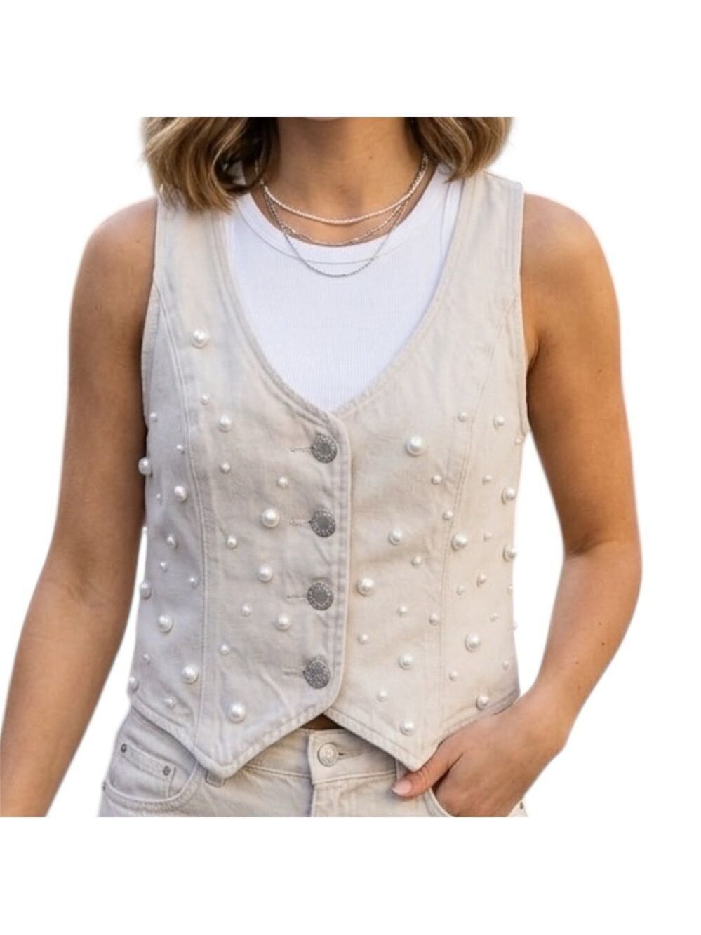 Denim Forum The '90s Mia Denim Vest XS Lived In Sandstone Pearl-Embellished